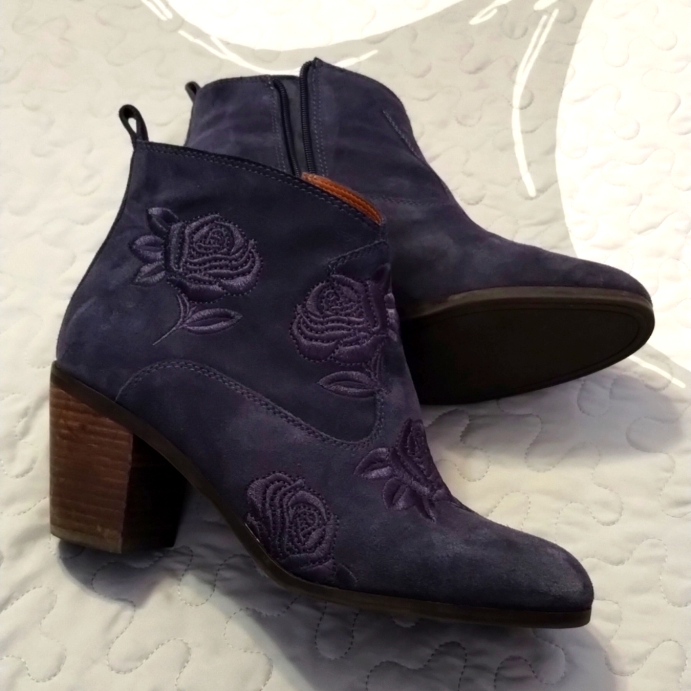 Lucky Brand Navy Blue Suede Ankle Booties with Embroidered Rose Detail